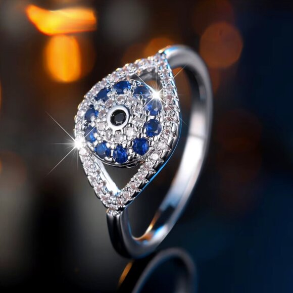 NEW 14k White Gold Blue Sapphire Evil Eye Diamond Ring - Picture 3 of 6